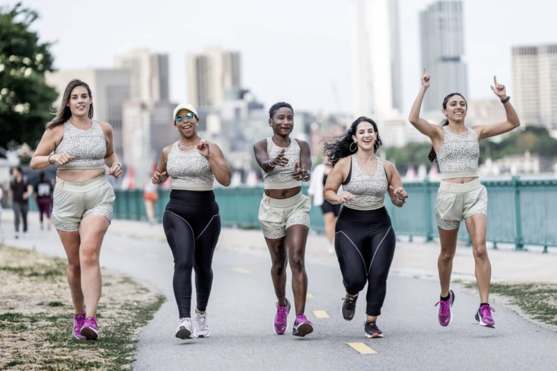 Alia Qatarneh (far right) runs the 2022 Boston 10K for Women with fellow members of the run crew TrailblazHers, Erin Wallace (from left), Angel Babbitt Harris, Abeo Powder, and Elaine Kordis.