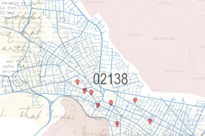Illustration of map of Cambridge, MA with poetry in background