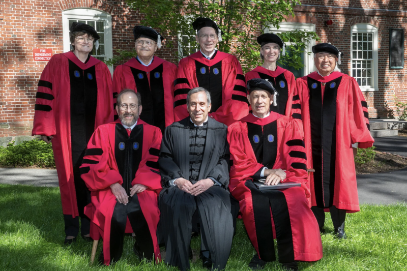 Honorands Katalin Karikó (clockwise from top left), David Levering Lewis, Michael Mullen, Jennifer Doudna, Hugo Noé Morales Rosas, and Tom Hanks join President Larry Bacow and Provost Alan Garber in Harvard Yard following the Morning Exercises.