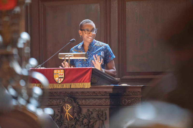 President Claudine Gay shares her story during Morning Prayers at Appleton Chapel.