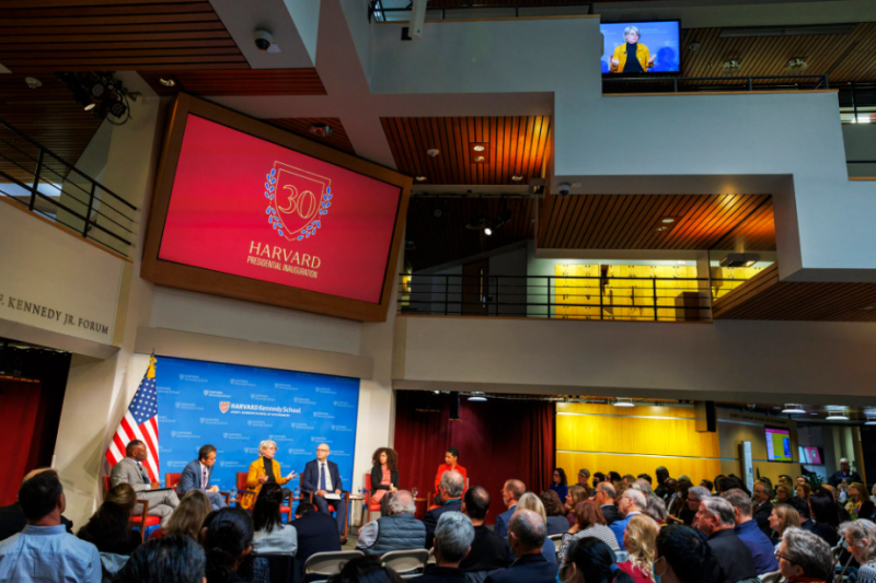 “Revitalizing Democracy” was one of six symposia included in the inauguration celebration. It featured moderator Guy-Uriel Charles (from left), Archon Fung, Jill Lepore, Daniel Ziblatt, Yanilda Gonzalez, and Danielle Allen.