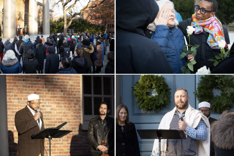 Members of the community [clockwise from top left], including Harvard President Claudine Gay, attended an interfaith vigil Friday on the steps of Memorial Church to grieve for victims of the violence in Israel and Gaza. Rabbi Getzel Davis and Imam Khalil Abdur-Rashid were among the chaplains who offered prayers.