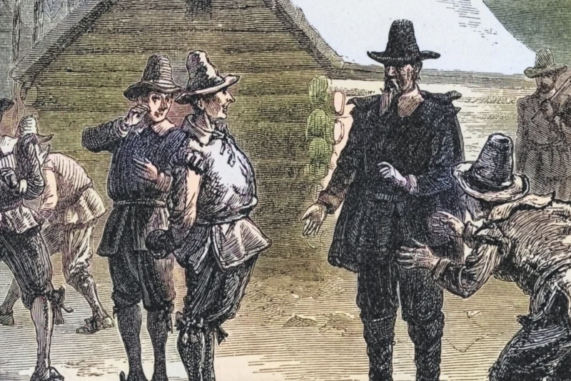 Engraving of the Plymouth Colony governor confiscating toys from Pilgrims on Christmas Day.