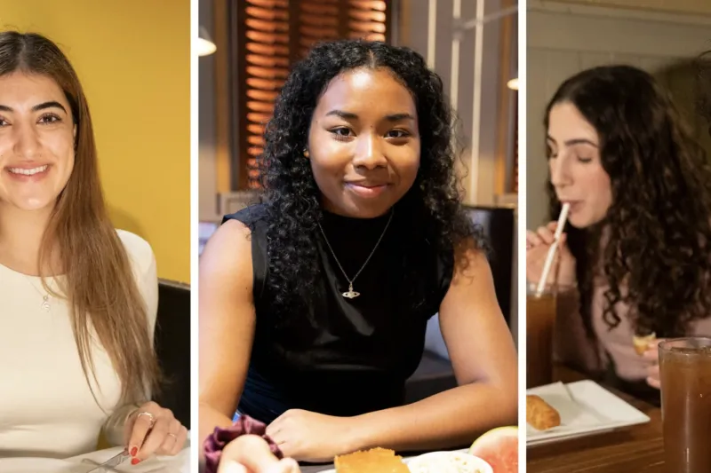 Students Thamina Noorzai (from left), Denver Tolson, Valeria Barriobero, and Ricardo Fernandes Garcia dine at local restaurants that remind them of home.