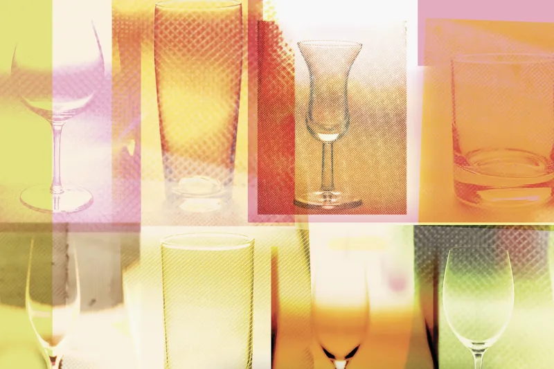 glass cups covered by yellow, green, pink, and orange colored squares. 