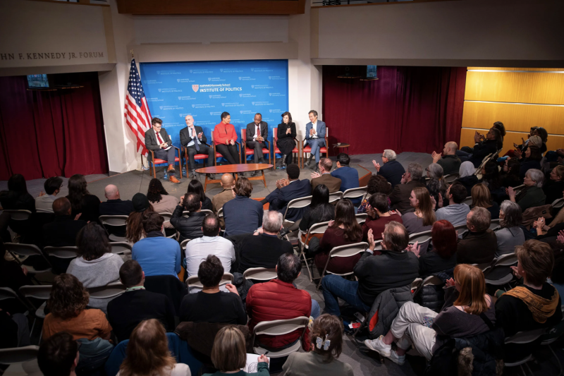 Panelists Erica Chenoweth (from left), Arthur Brooks, Danielle Allen, Cornell Brooks, Eliana La Ferrara, and Archon Fung address “Dissent, Disagreement, and Democracy” at the JFK Forum.