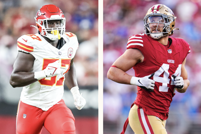 Truman Jones (left) and Kyle Juszczyk will face off Sunday at Super Bowl LVIII.