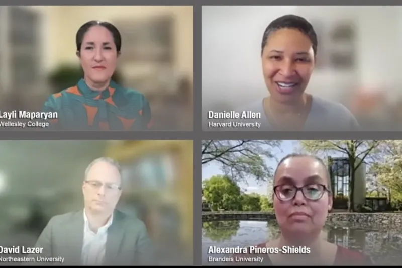 Moderator Layli Maparyan (clockwise from upper left) leads a livestream discussion with Harvard’s Danielle Allen, Brandeis’ Alexandra Pineros-Shields, and Northeastern’s David Lazer.