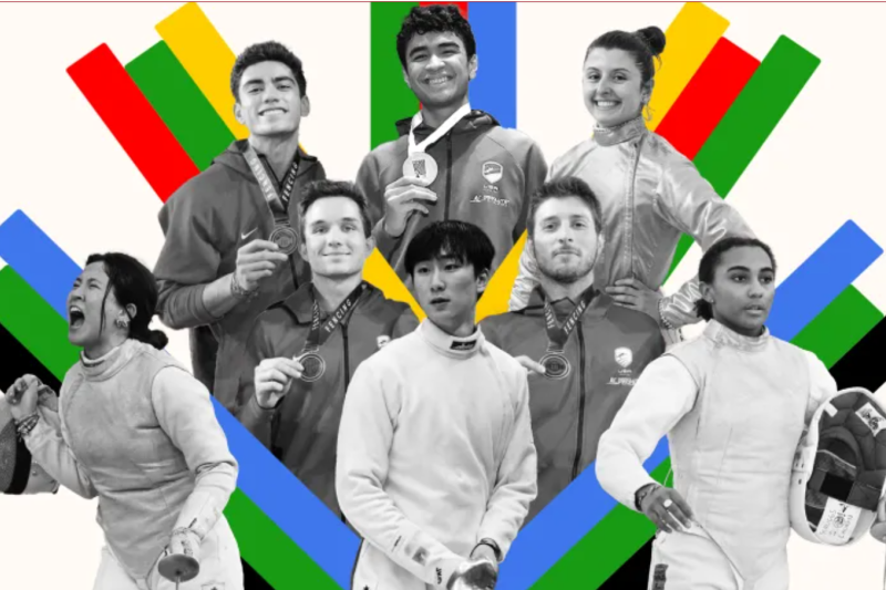 From left Mitchell Saron, Colin Heathcock, Elizabeth Tartakovsky (top row); Filip Dolegiewicz, Eli Dershwitz (second row); Jessica Zi Jia Guo, Nicholas Zhang, Lauren Scruggs (bottom row).  Photos courtesy of International Fencing Federation; photo illustration by Judy Blomquist/Harvard Staff