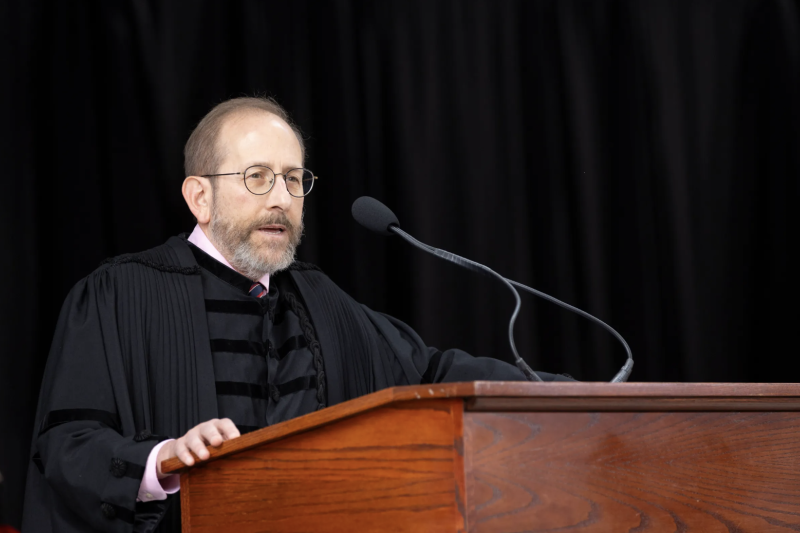 President Alan Garber addresses first-years Monday at Tercentenary Theatre.