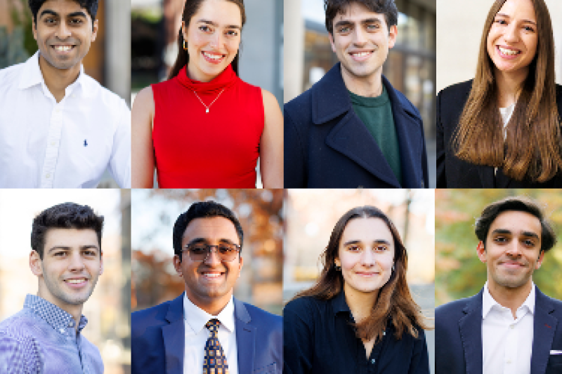 From left top row Aneesh Muppidi, Sofia Corona, Thomas Barone, Laura Wegner; second row, Matthew Anzarouth, Ayush Noori, Lena Ashooh, Shahmir Aziz.  head shots of the rhodes scholars