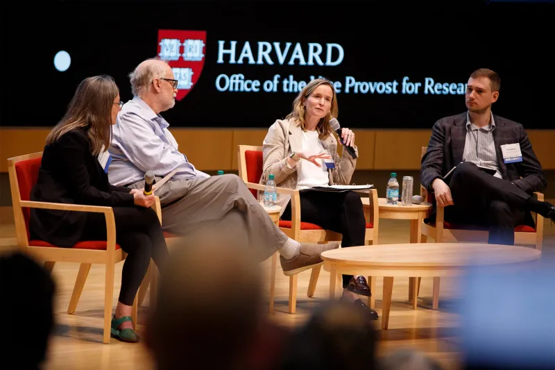 Moderator Rebecca Nesson (left) with panelists Christopher W. Stubbs, Nonie K. Lesaux, and Iav Bojinov.