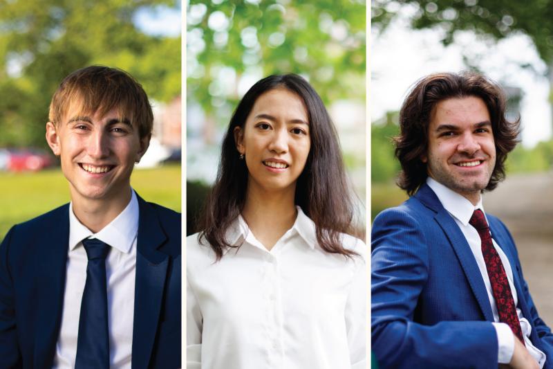 Graduates Thor Reimann (from left), Yurong “Luanna” Jiang, and Aidan Scully will deliver speeches Thursday at Commencement.