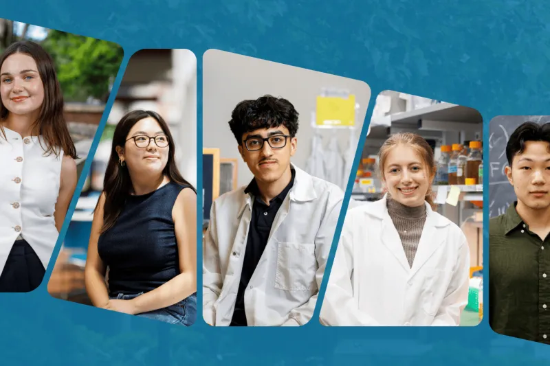 From left to right: Charlotte Paley, Eunice Kim, Nouraldeen Ibrahim, Sam Capehart, and Jeffrey Shi pose for individual portraits.