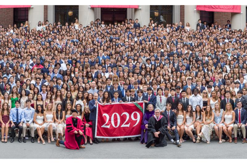 The entire Harvard College Class of 2029 poses for a photo with faculty at the 2025 Convocation.