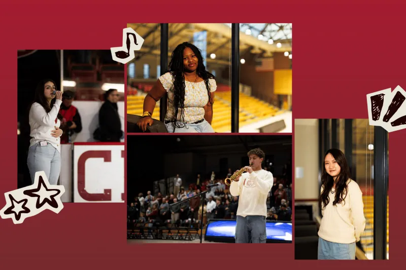 Collage of photos of students Damla Yesil, Bekuochukwu Uzo-Menkiti, Zeb Jewell-Alibhai, and Grace Hur against a red backgrounf