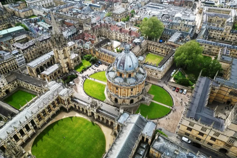 Aerial view of Oxford University, featuring the Radcliffe Camera and surrounding historic buildings.