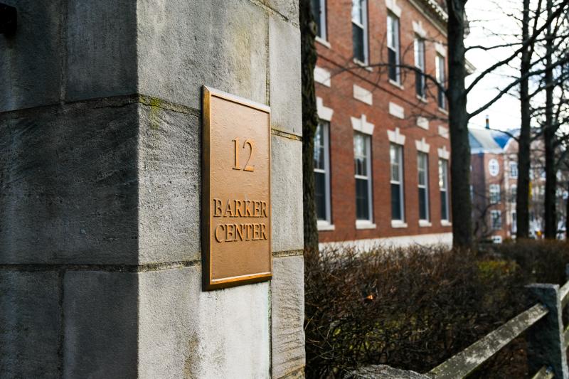 Outside view of the Barker Center's plaque.