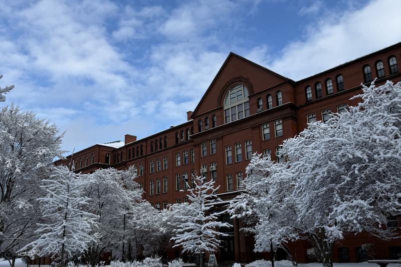 A Harvard building covered in snow.