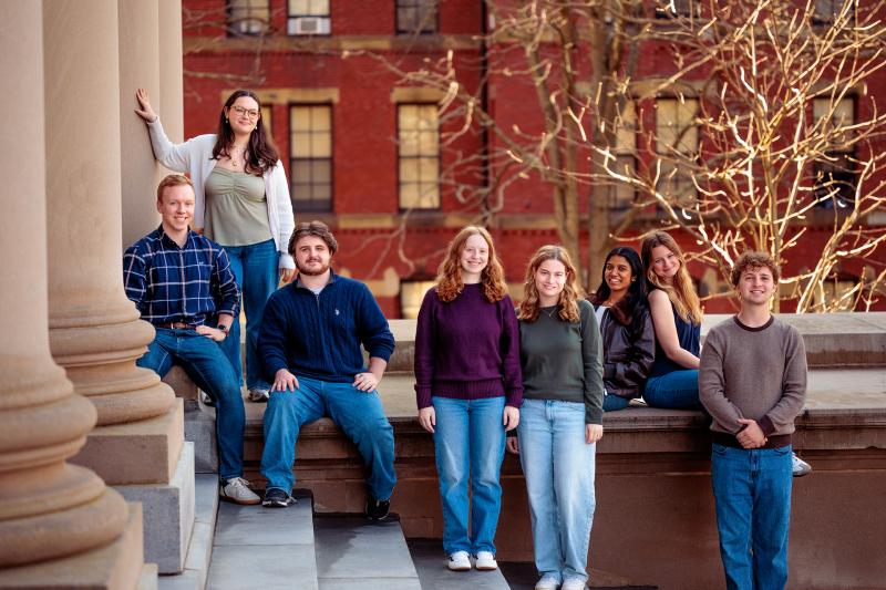 Members of the Harvard Undergraduate Rural League's executive board. From left, Kevin Scanlan, Katie Kinnion, Justin Black, Sophie Pearo, Lizzie Place, Avani Rai, Elizabeth Pollard, and Luke Blanchette (all ’27). 
