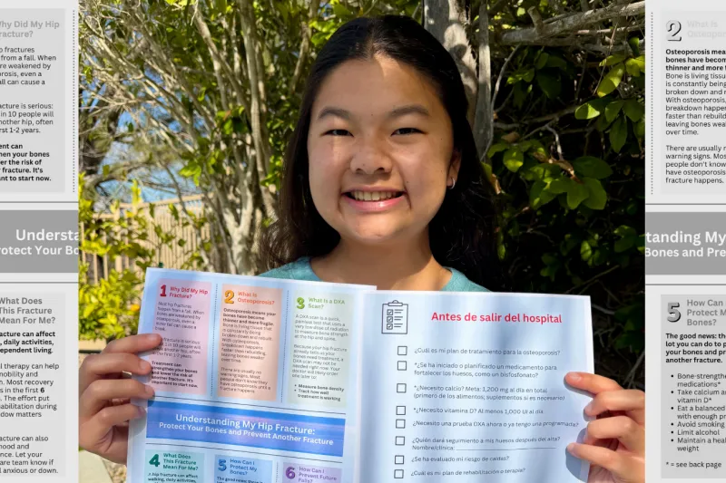 Header image of Sydney Mafong '30 holding up a printout of her SPARK project against a background of her work.