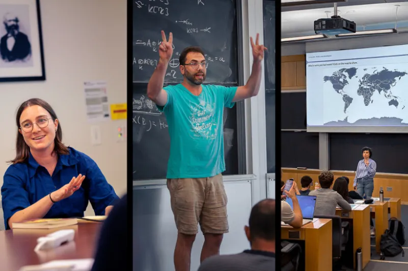 A collage of three new Harvard professors on their first day teaching their classes.