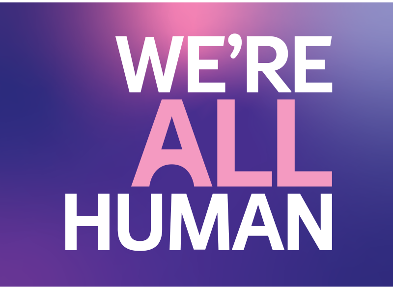 we are all human text over purple gradient background