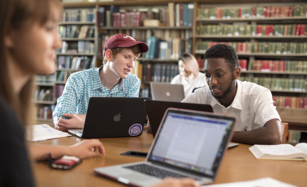 Two students studying in the library with laptops