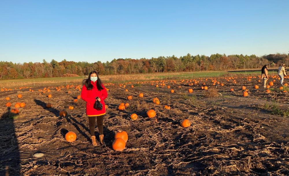 Girl in a field of pumpkins.