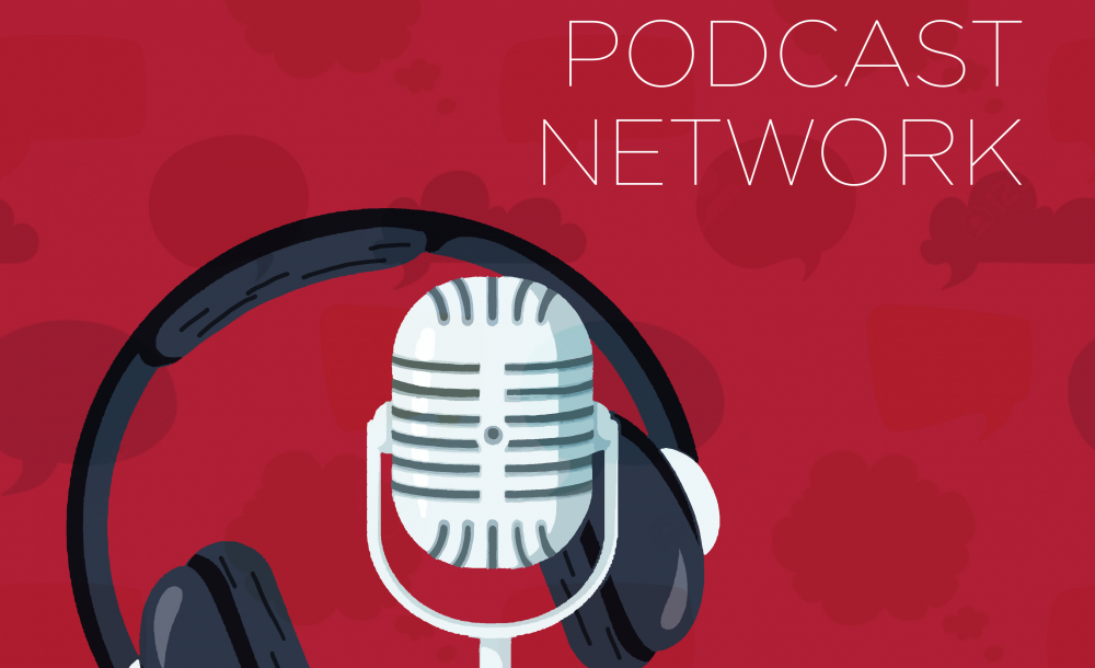 Logo of the harvard college podcast network. The logo includes a microphone and a headset that is hanging off of the microphone.