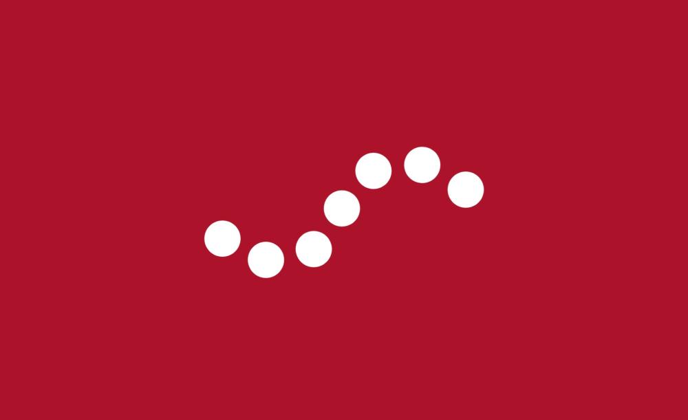 White dots in an "S" shape on a dark red background 