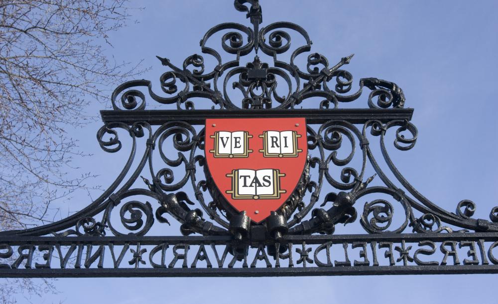 A harvard logo pinned to the top of a gate wall