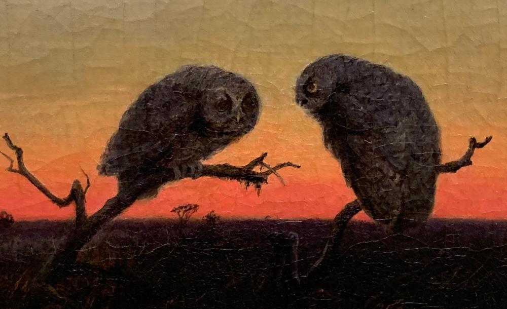 Painting of two owls sitting on branches jutting up from a darkened field in front of a red and yellow sunset.