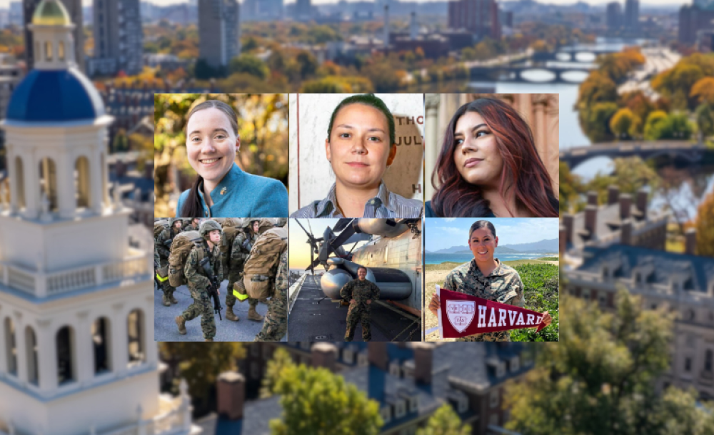 Harvard Women Veterans overlayed ontop of a background of Harvard's Campus