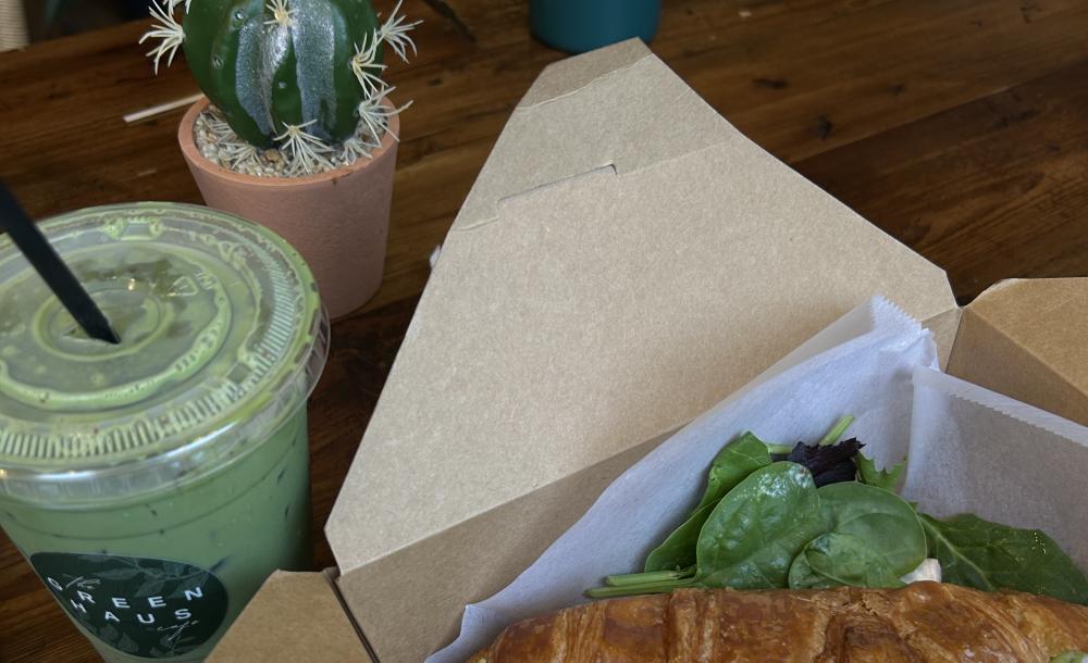 Strawberry Matcha latte and breakfast sandwich