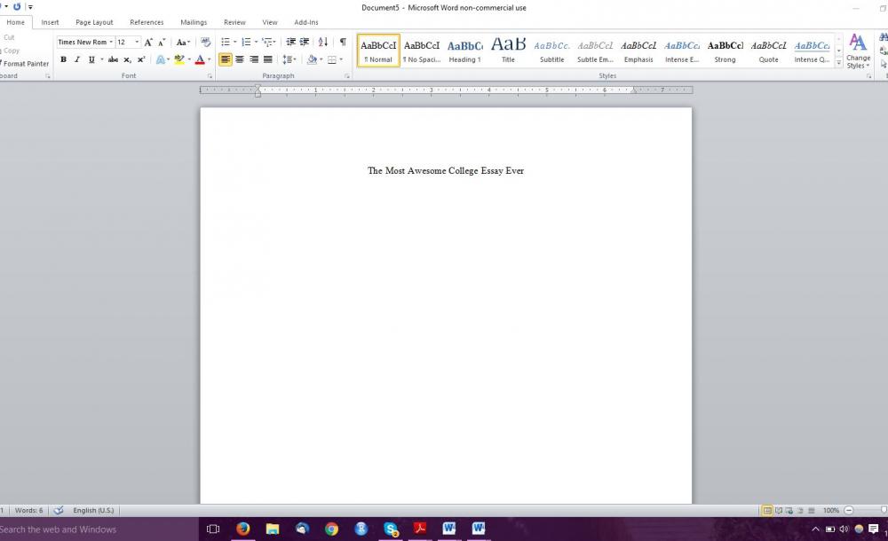 Photograph of blank Microsoft Word document titled "The Most Awesome College Essay Ever"