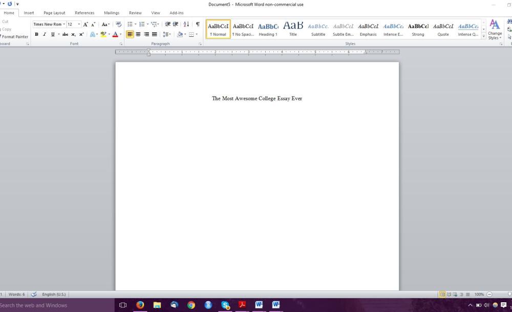 Photograph of blank Microsoft Word document titled &quot;The Most Awesome College Essay Ever&quot;