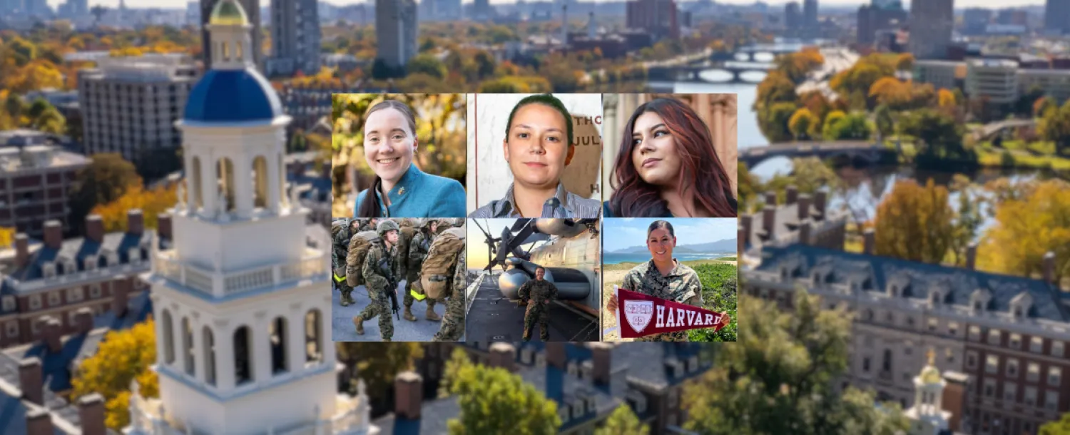 Harvard Women Veterans overlayed on top of a background of Harvard's Campus