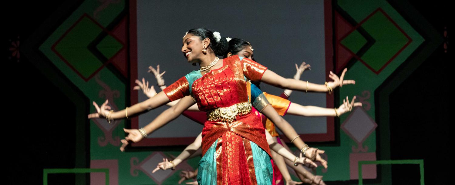 Students performing a coordinated dance together