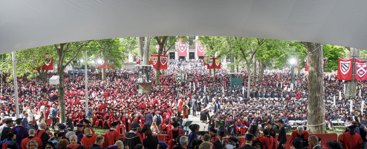 Large crowd of graduates in caps and gowns at an outdoor commencement ceremony.