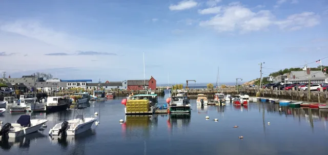 boats in harbor with red building in the distance