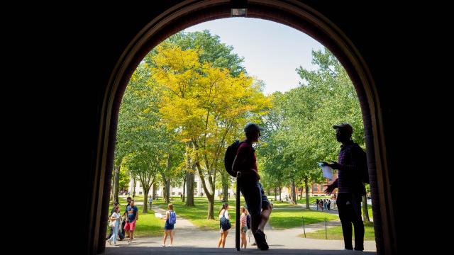 Students on building steps by lawn