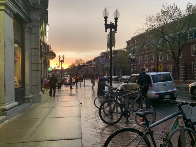 Harvard sunset picture in front of Harvard Bookstore