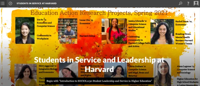 Digital book cover with student headshots and project titles