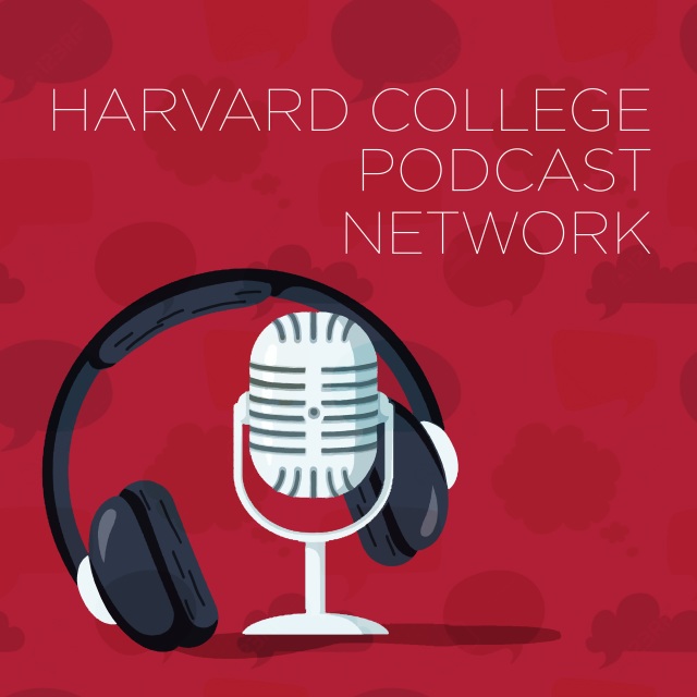 Logo of the harvard college podcast network. The logo includes a microphone and a headset that is hanging off of the microphone.