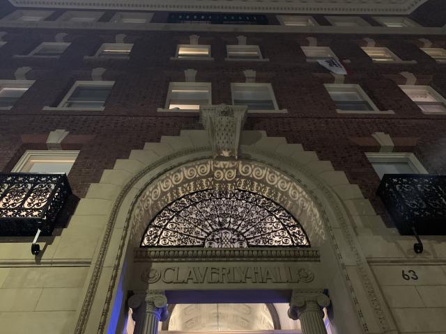 The front of the main entrance to the dormitory Claverly Hall. 