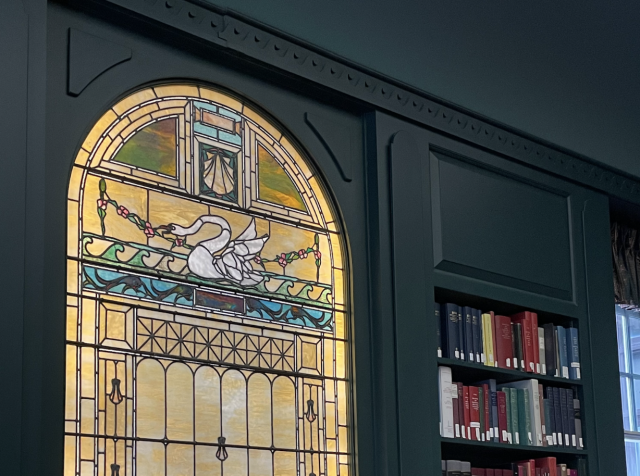 Stained glass and books in Loeb Music Library