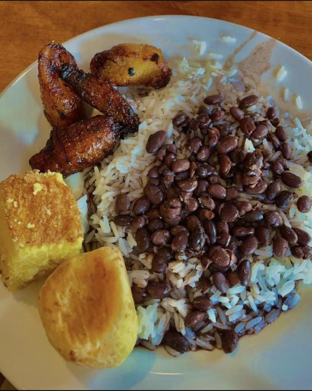 Rice and Beans, plantains, corn bread, and Brazilian cheese bread from Oliveira's Steakhouse.