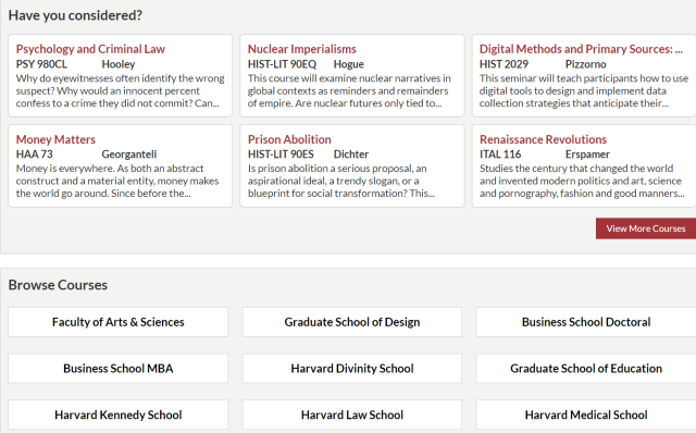 A screenshot of Harvard's course search menu