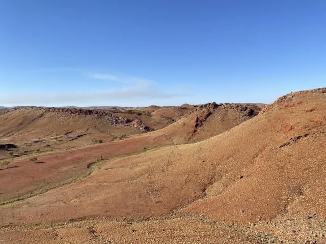 View of the Pilbara, showing sprawling hills dotted with pale green spinifex bushes on vibrant red dirt. 